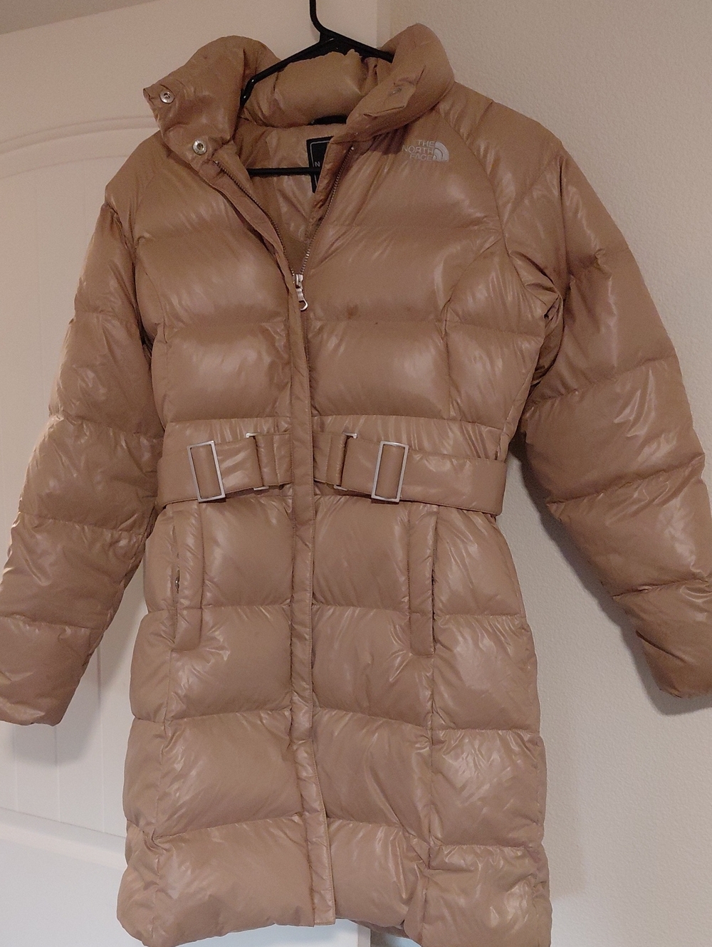 The North Face Women's Tan Long Puffer Coat with Belt